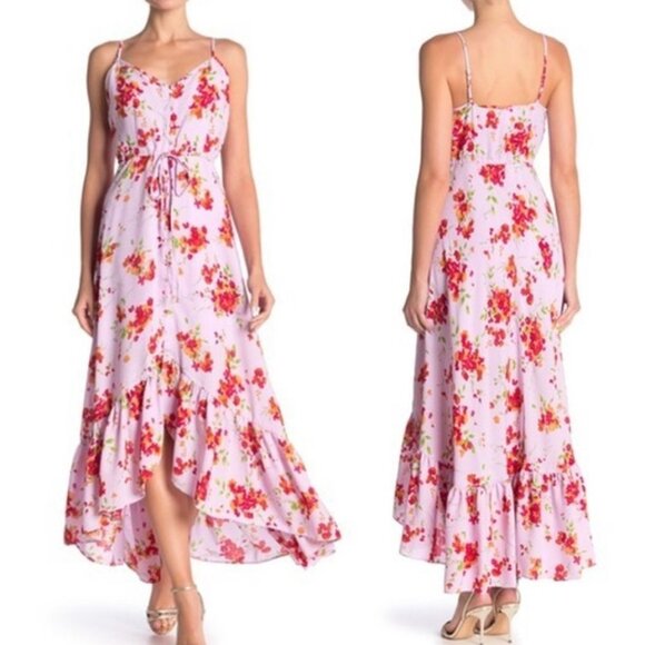 Nanette Lepore Pink Floral Maxi Dress Ruffled High Low Hem Button Down Front - Picture 1 of 14